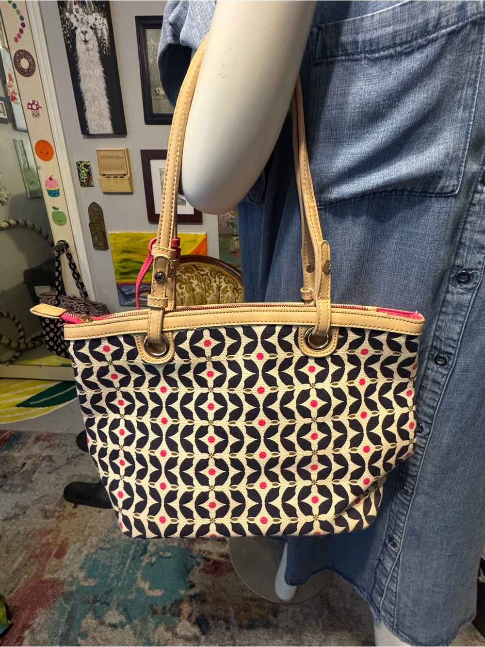 Spartina 449 Geometric Print Tote Handbag Pink Navy